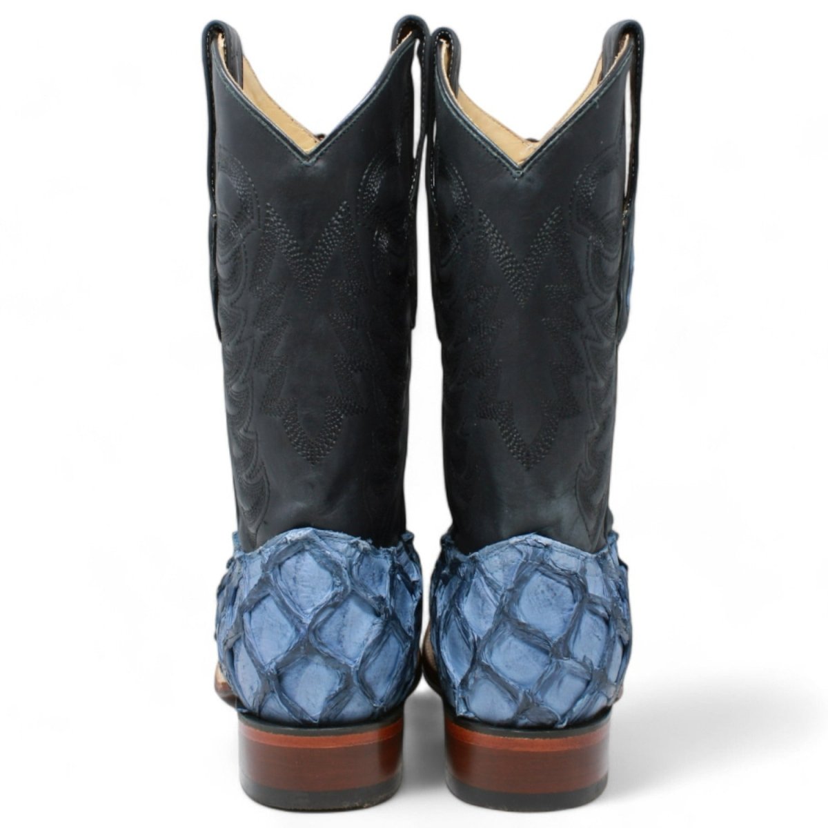 Western Genuine Pirarucu Fish Square Wide Toe Rodeo Boots Blue Jeans Color – Los Altos Boots – Back View