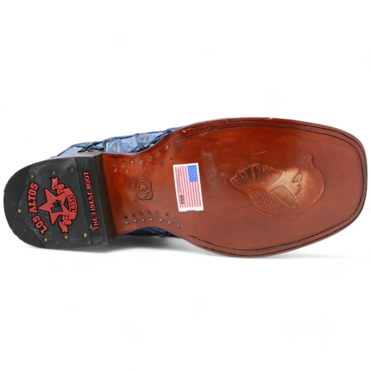 Western Genuine Pirarucu Fish Square Wide Toe Rodeo Boots Blue Jeans Color – Los Altos Boots – Sole View