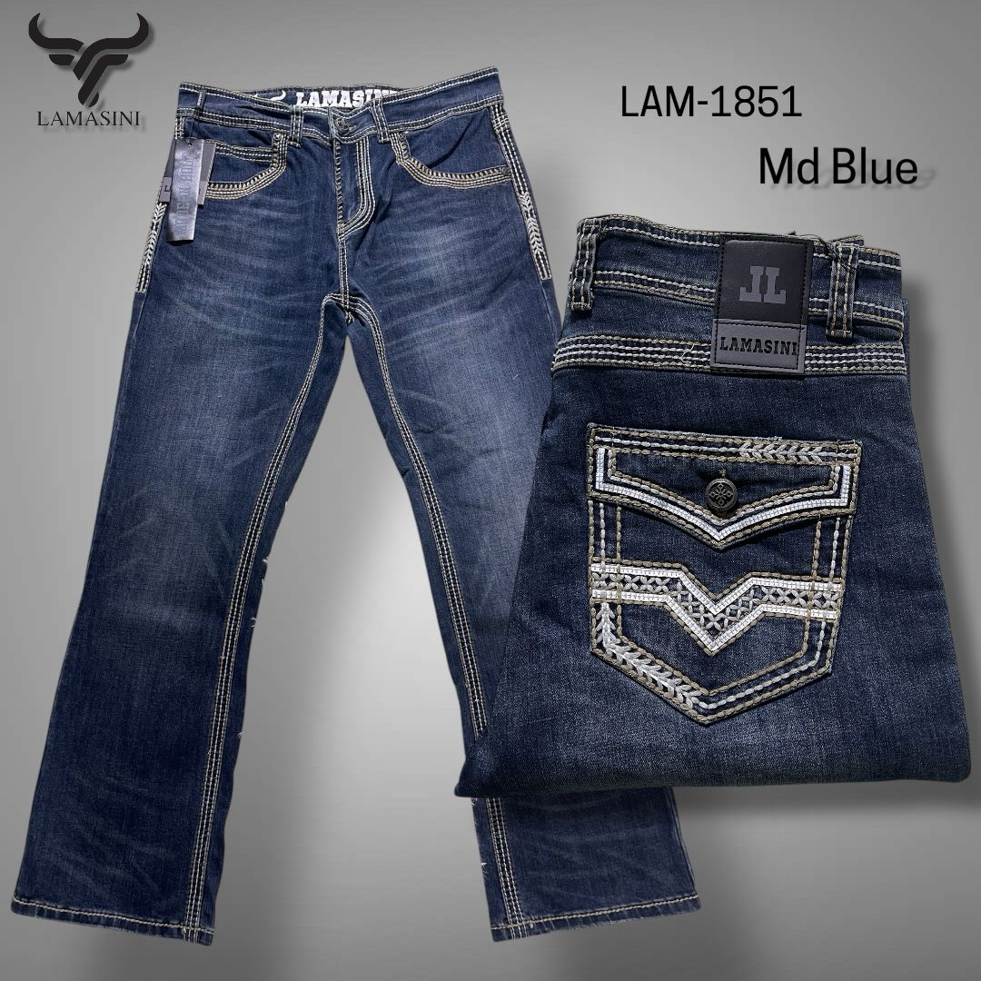 Men's Modern Boot Denim Jeans Embroidered Pockets LAM-1851 - Lamasini