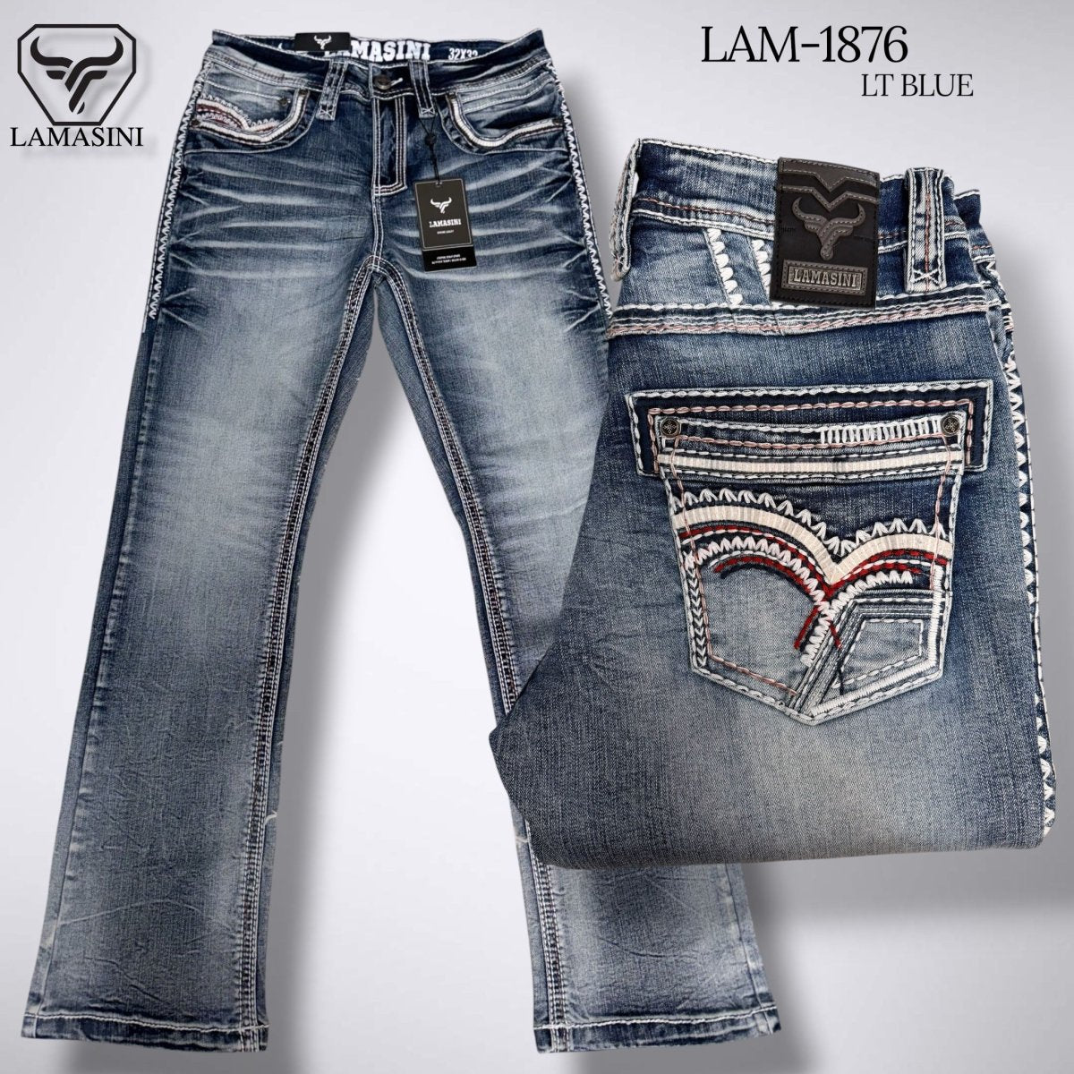 Men's Modern Boot Denim Jeans Embroidered Pockets LAM-1876 - Lamasini