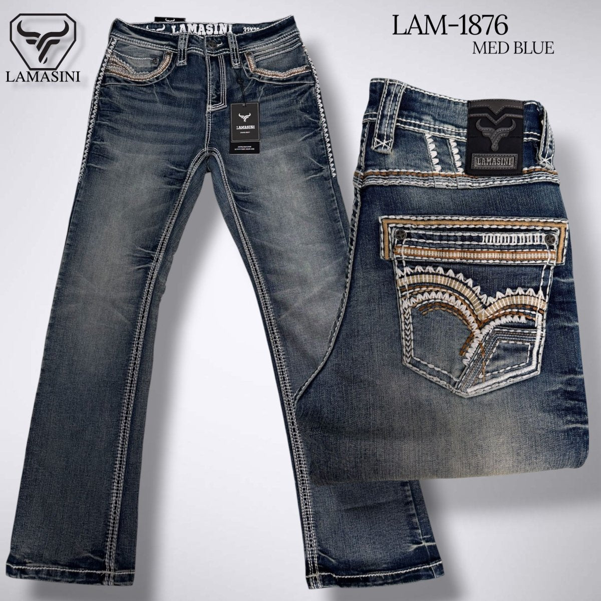 Men's Modern Boot Denim Jeans Embroidered Pockets LAM-1876 - Lamasini