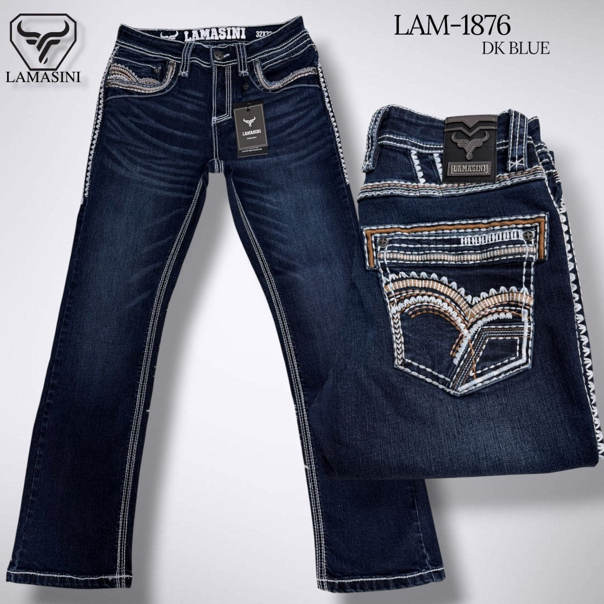 Men's Modern Boot Denim Jeans Embroidered Pockets LAM-1876 - Lamasini