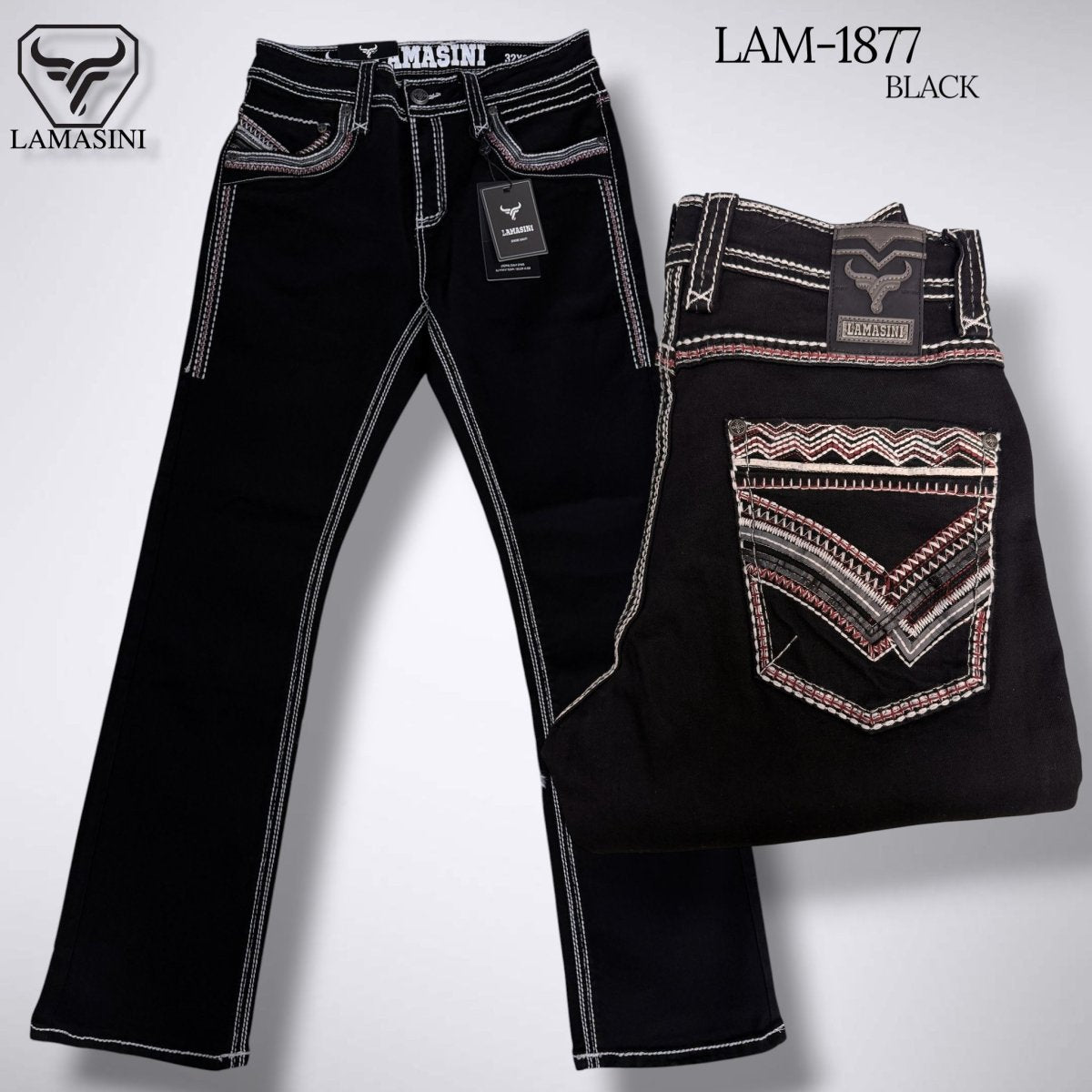 Men's Modern Boot Denim Jeans Embroidered Pockets LAM-1877 - Lamasini