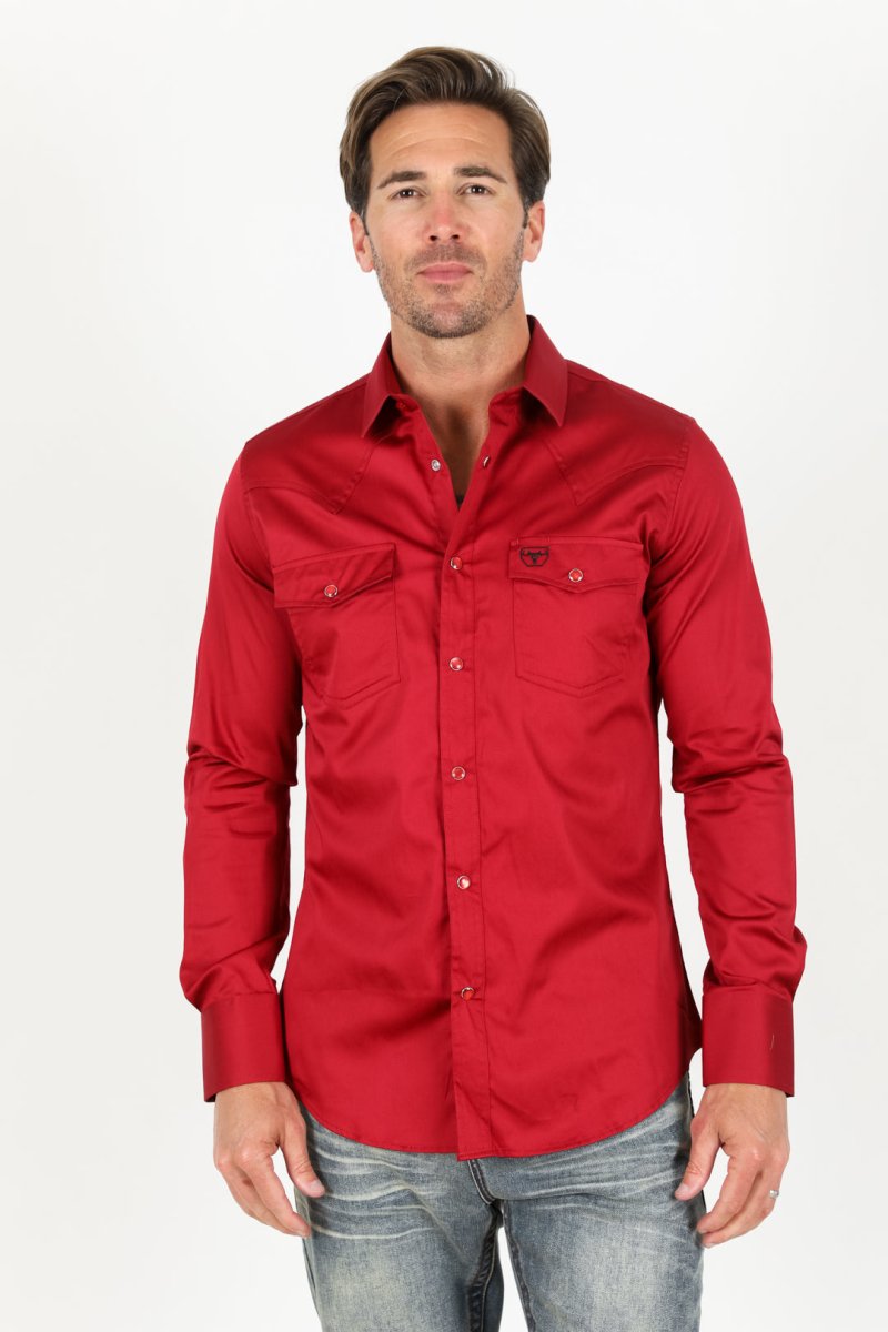 Men's Modern Fit Solid Red Dress Shirt - Platini Fashion