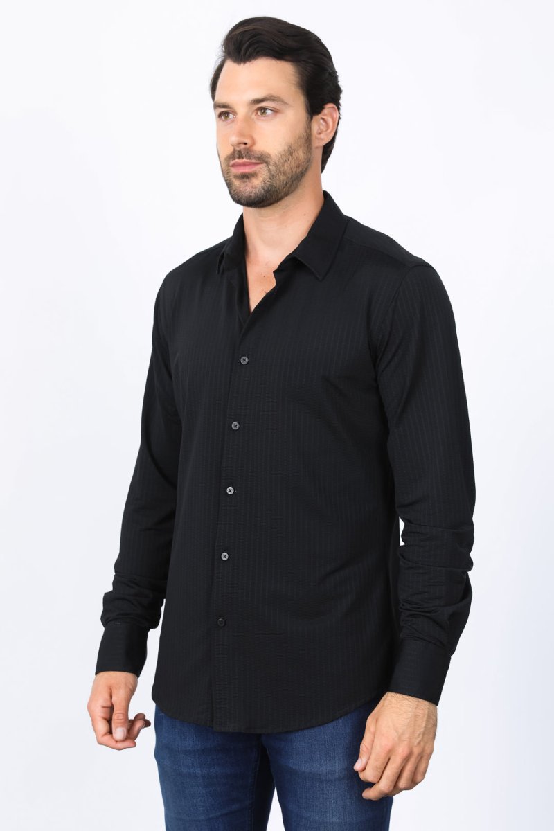 Men’s Modern Fit Stretch Dress Shirt - Black - Platini Fashion