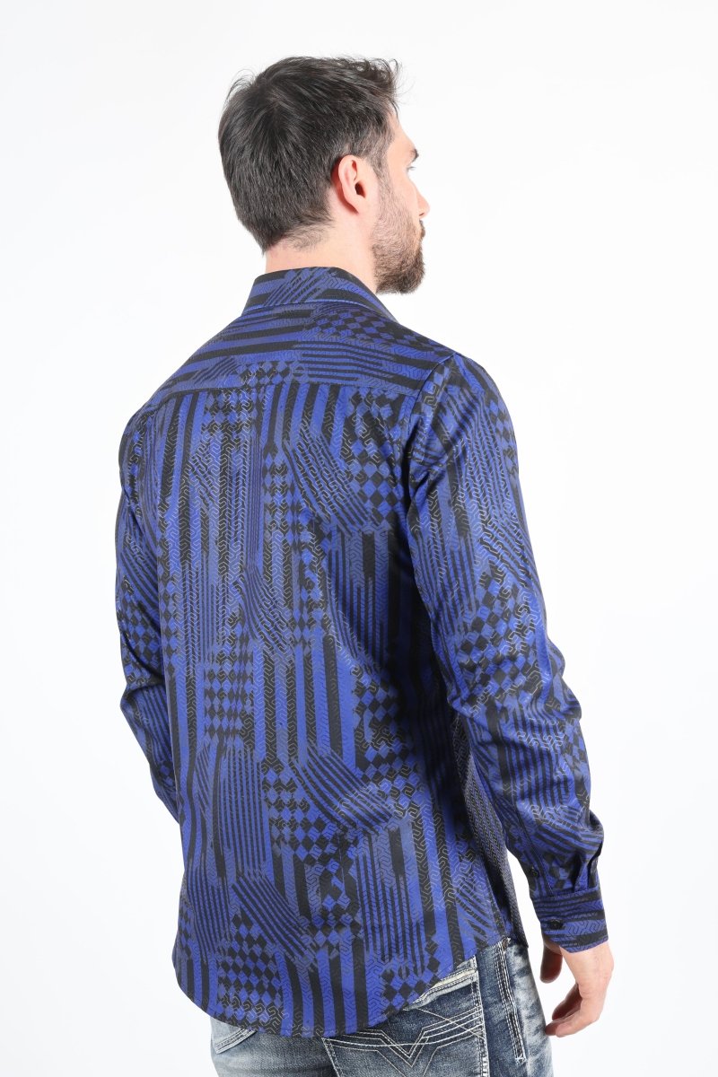 Mens Modern Fit Stretch Foiled Navy Long Sleeve Shirt - Platini Fashion