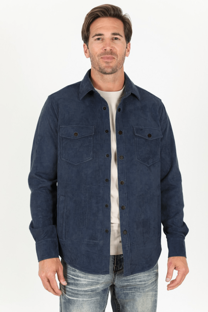 Men's Navy Faux Suede Overshirt - Platini Fashion