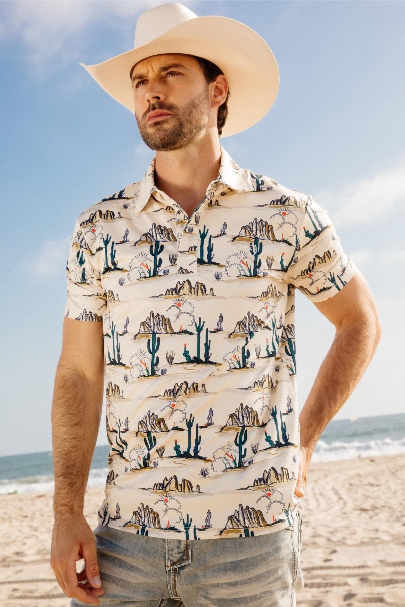 Mens Performance Fabric Modern Fit Stretch Cactus Print Polo - Platini Fashion
