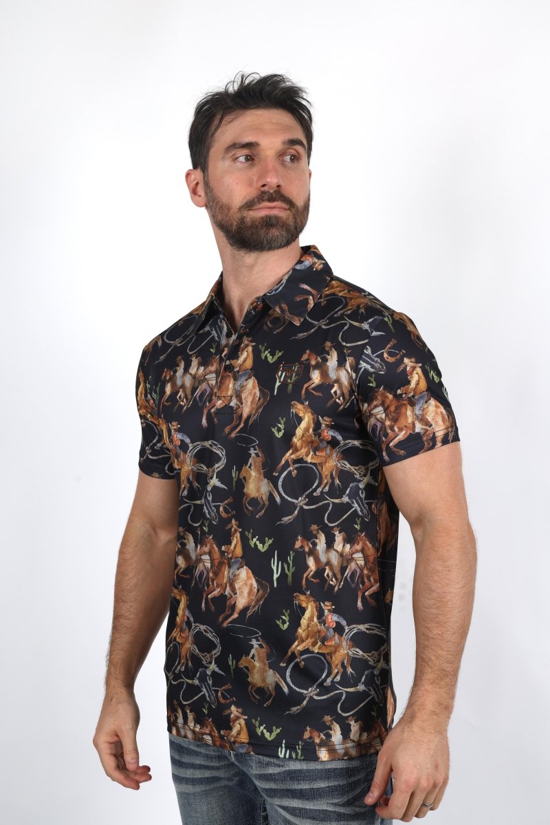 Mens Performance Fabric Modern Fit Stretch Rodeo Print Polos - Platini Fashion
