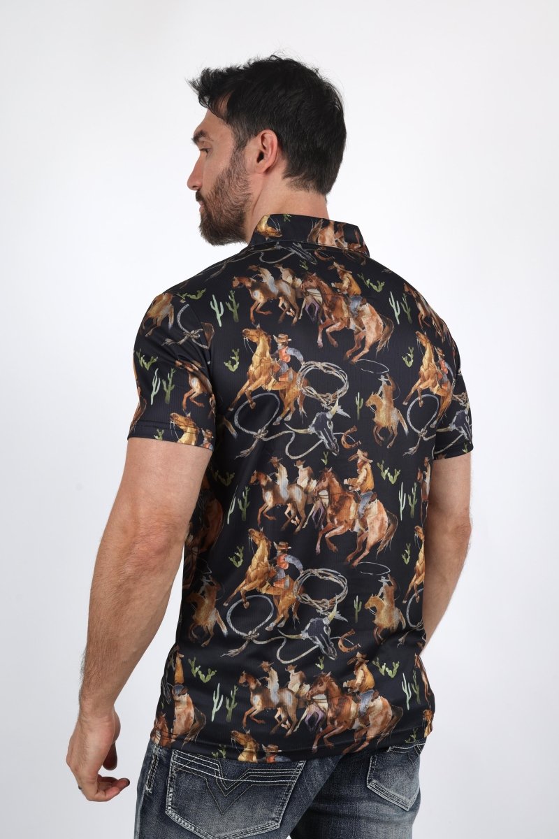 Mens Performance Fabric Modern Fit Stretch Rodeo Print Polos - Platini Fashion