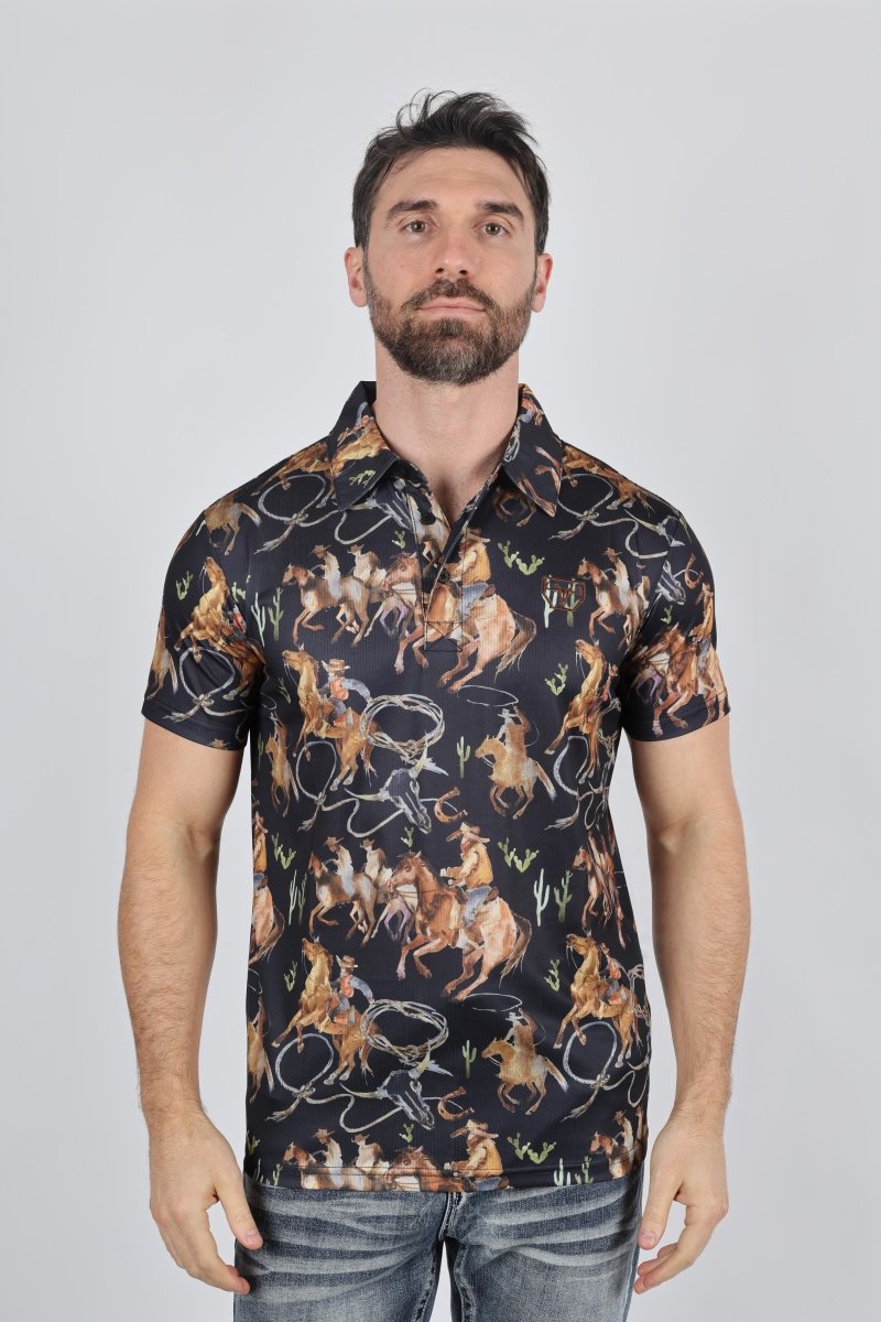 Mens Performance Fabric Modern Fit Stretch Rodeo Print Polos - Platini Fashion