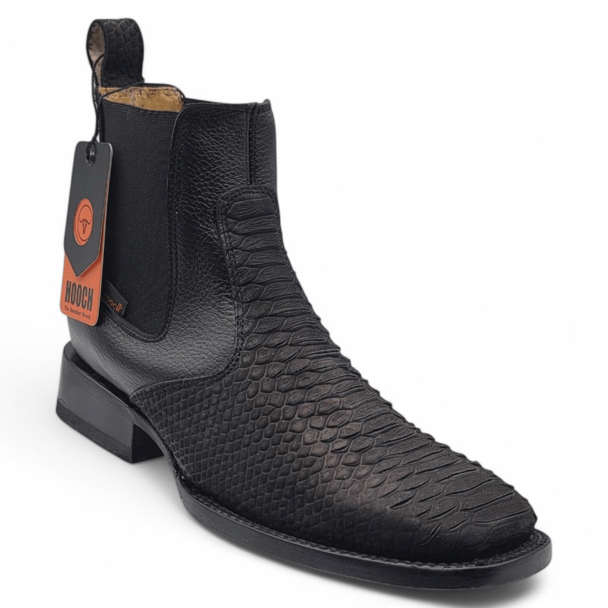 Men's Python Print Genuine Leather Square Toe Boots - Black - Hooch Boots - Side View