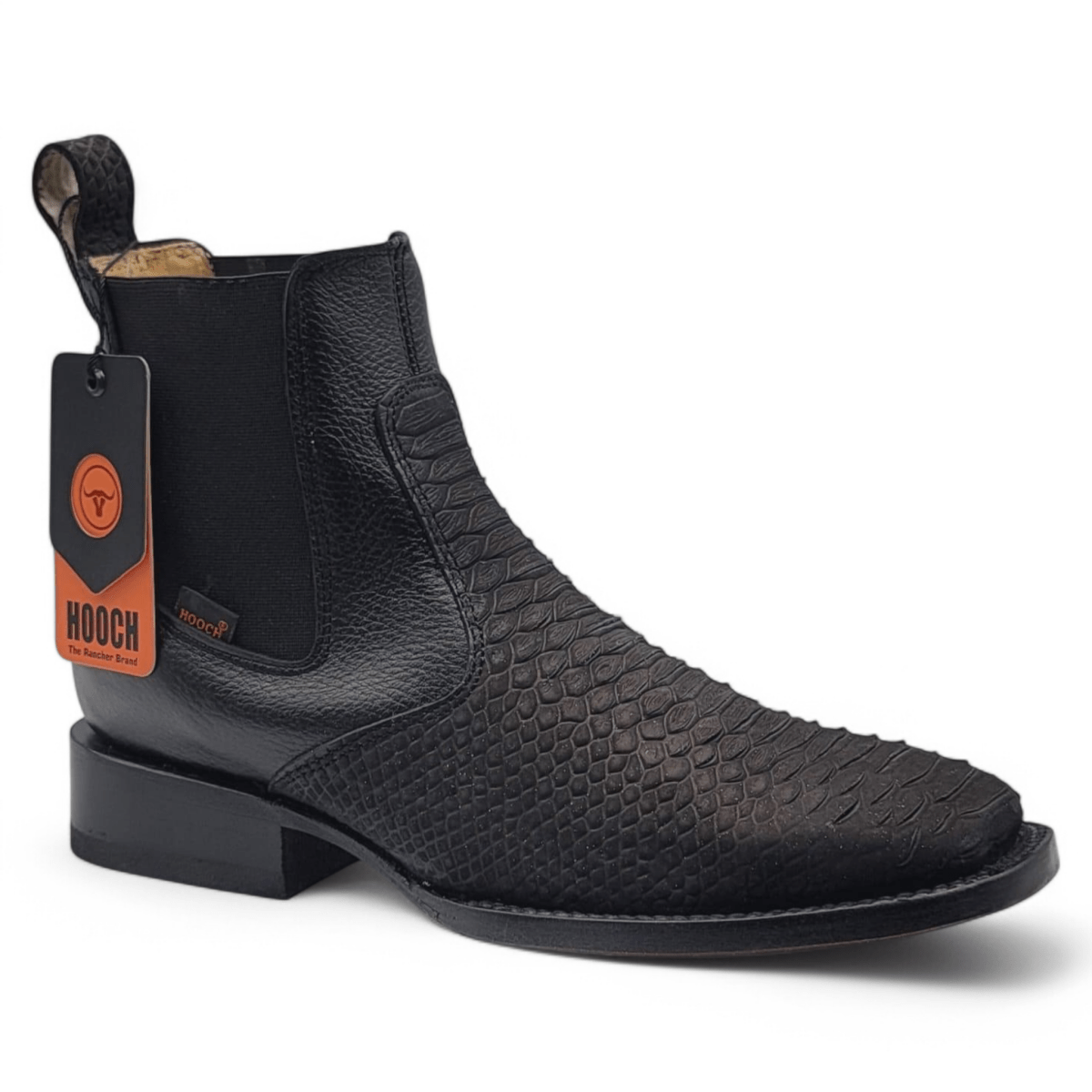 Men's Python Print Genuine Leather Square Toe Boots - Black - Hooch Boots - Side View