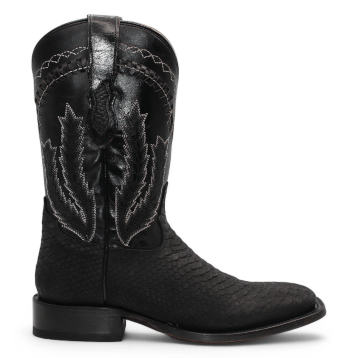 Men's Python Print Leather Square Toe Boots - Black - Hooch Boots