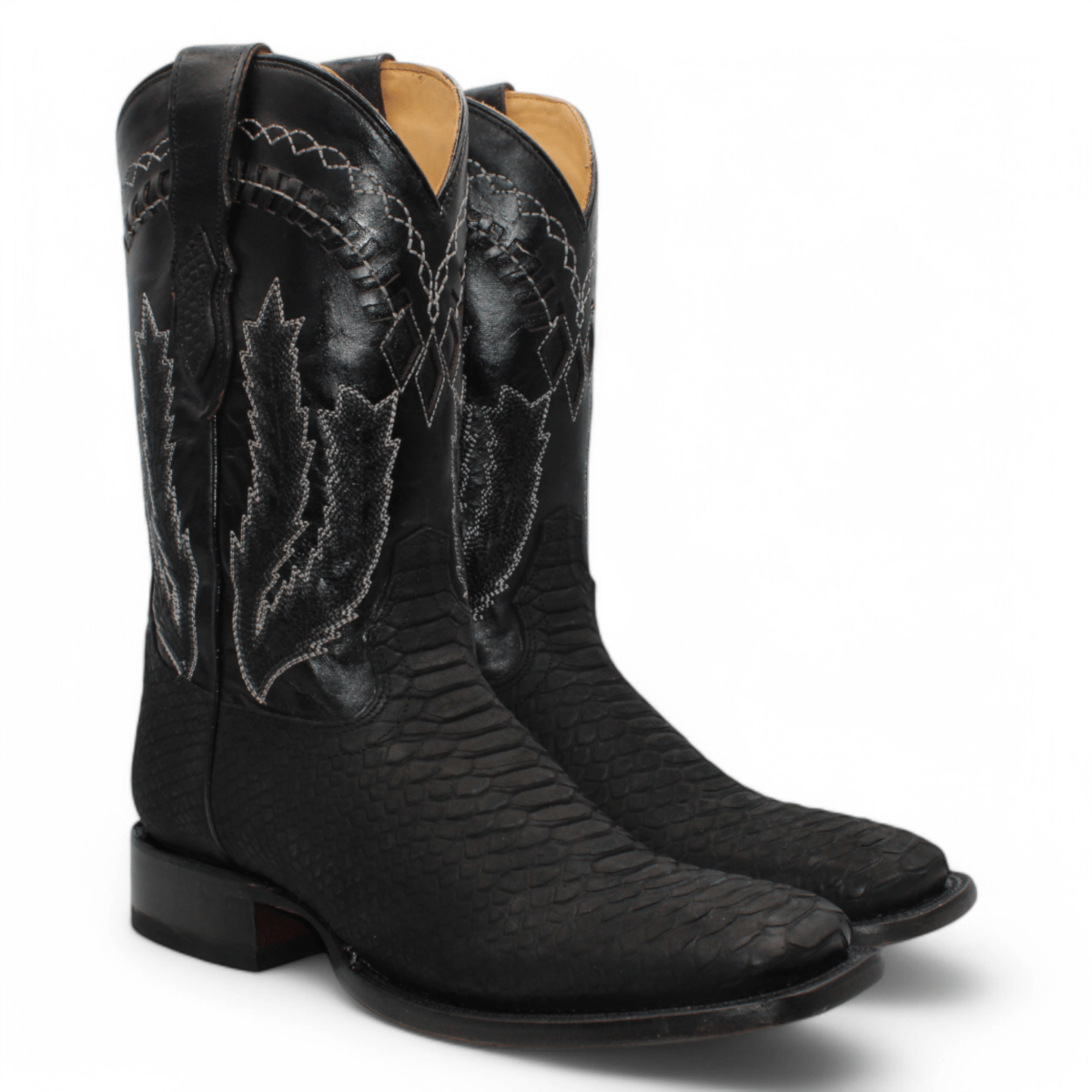Men's Python Print Leather Square Toe Boots - Black - Hooch Boots