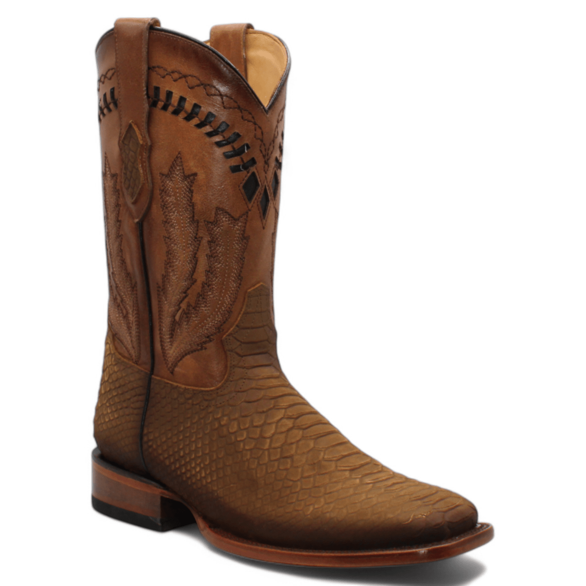 Men's Python Print Leather Square Toe Boots - Honey - Hooch Boots