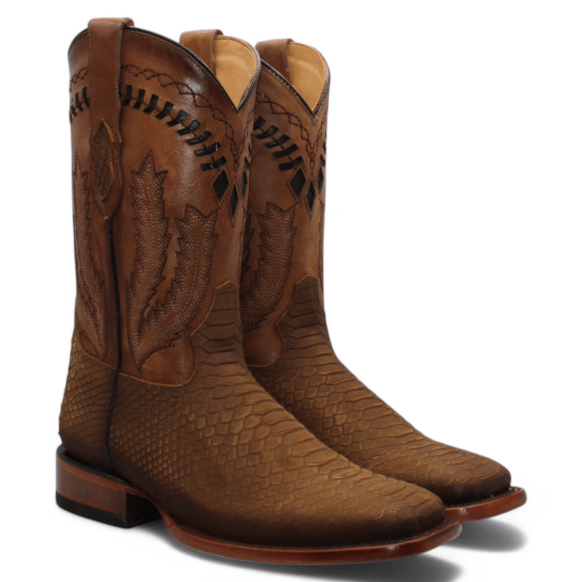 Men's Python Print Leather Square Toe Boots - Honey - Hooch Boots