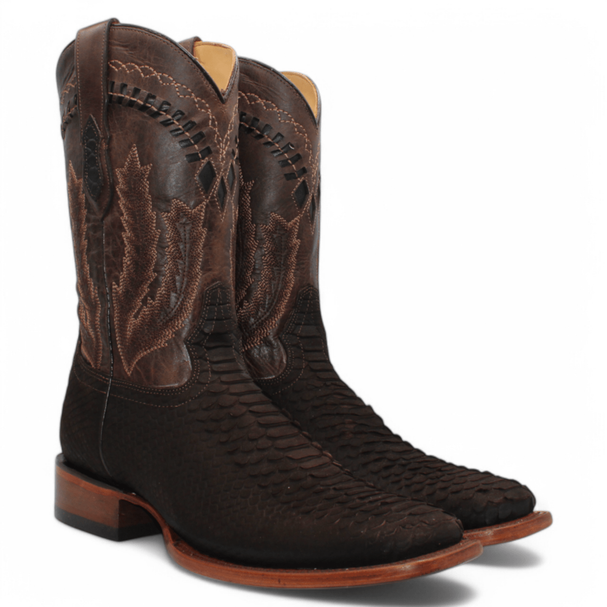 Men's Python Print Square Toe Boots - Chocolate - Hooch Boots