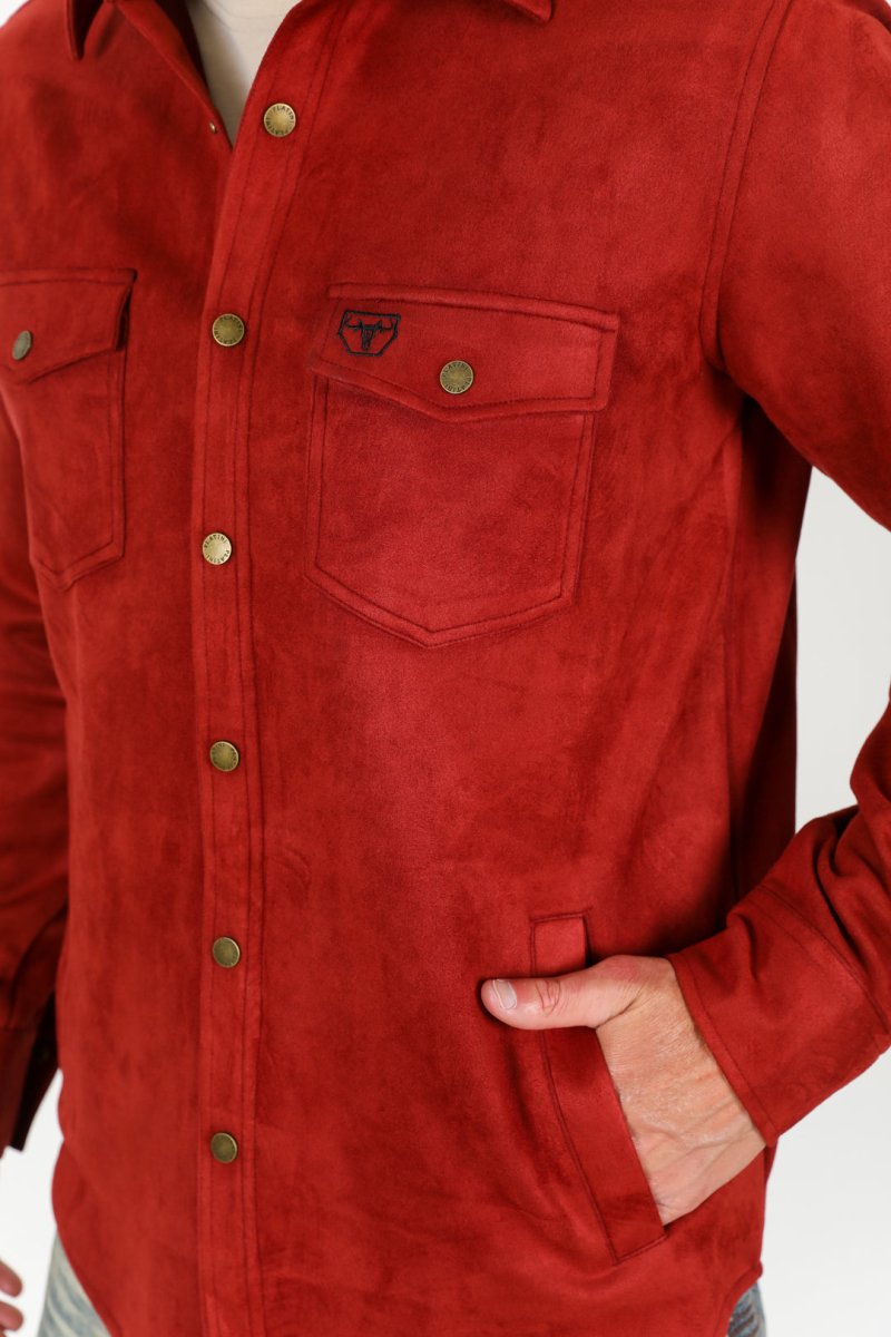Men's Red Faux Suede Overshirt - Platini Fashion
