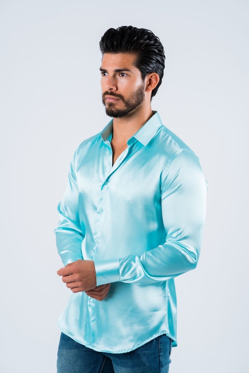 Men's Satin Dress Shirt - Aqua - Platini Fashion