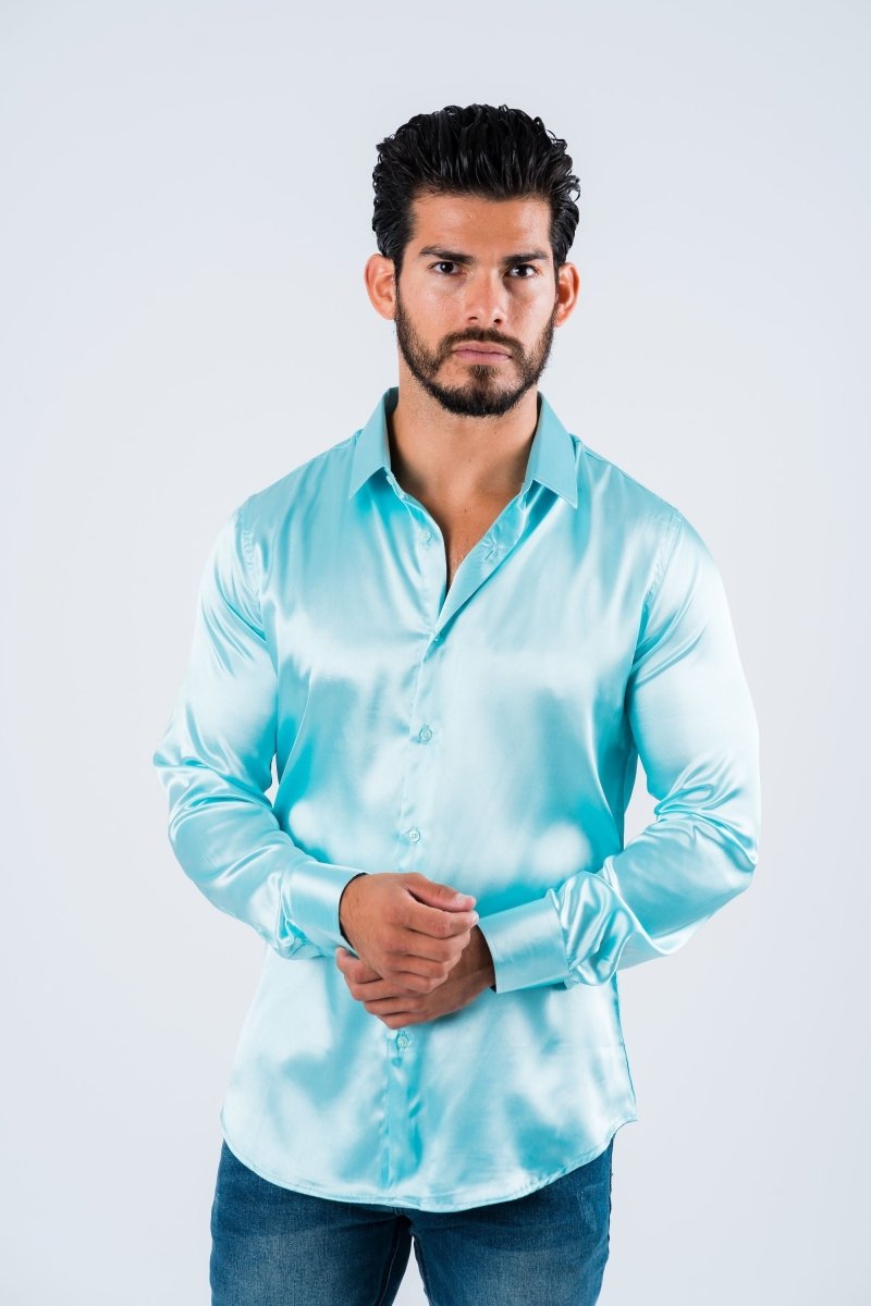 Men's Satin Dress Shirt - Aqua - Platini Fashion