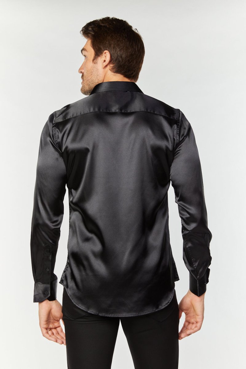 Men's Satin Dress Shirt - Black - Platini Fashion