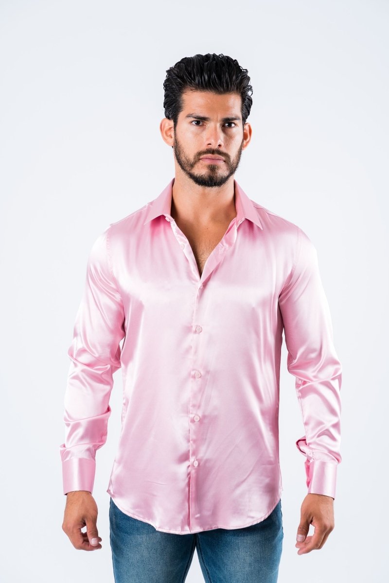 Men's Satin Dress Shirt - Pink - Platini Fashion