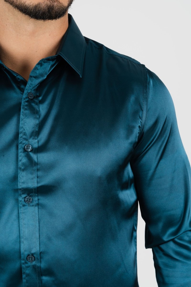 Men's Satin Dress Shirt - Teal - Platini Fashion