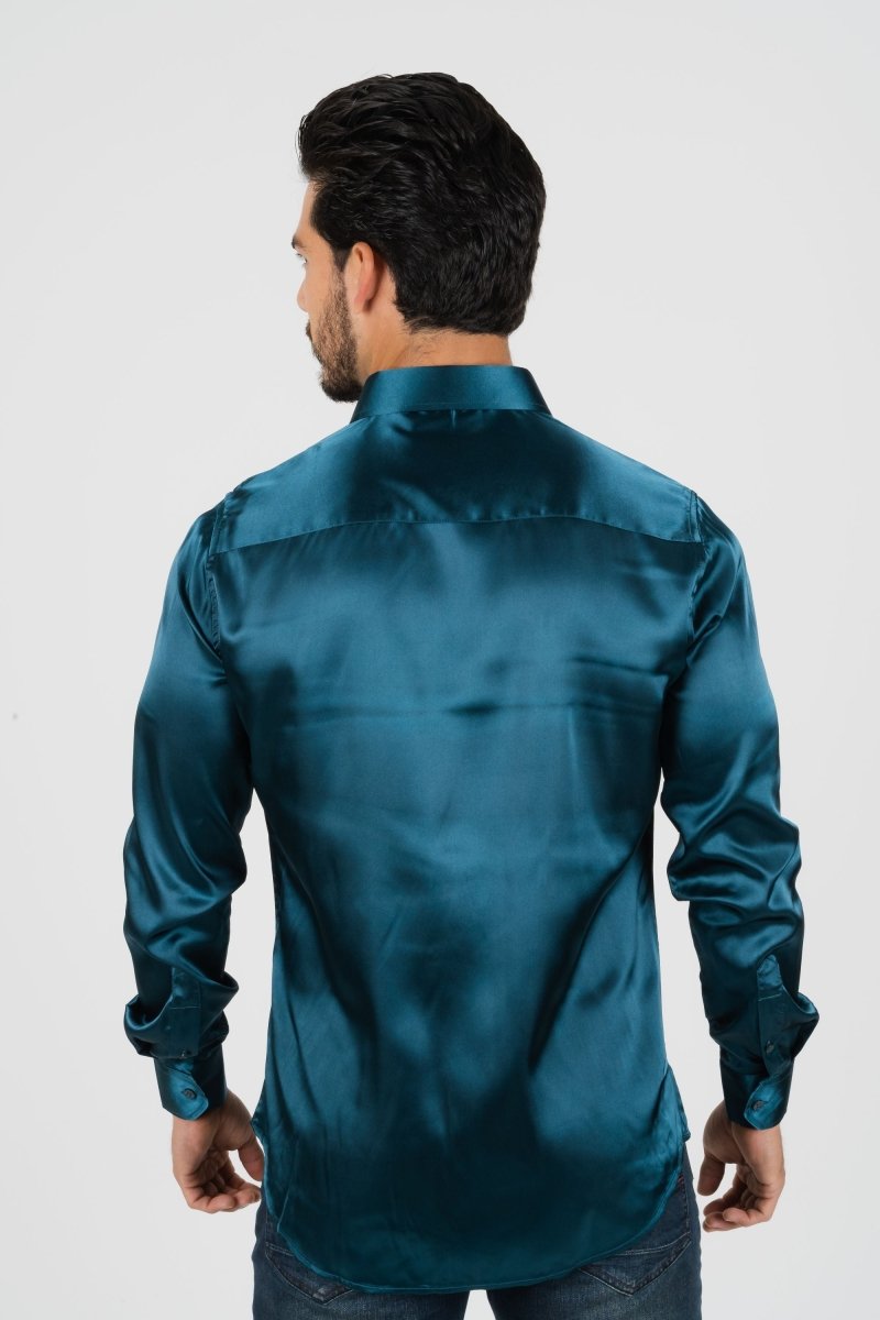Men's Satin Dress Shirt - Teal - Platini Fashion