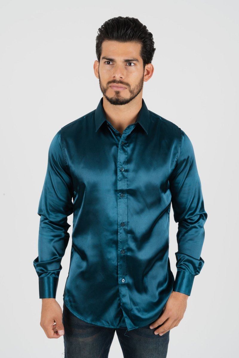 Men's Satin Dress Shirt - Teal - Platini Fashion