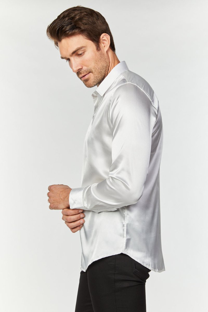 Men's Satin Dress Shirt - White - Platini Fashion