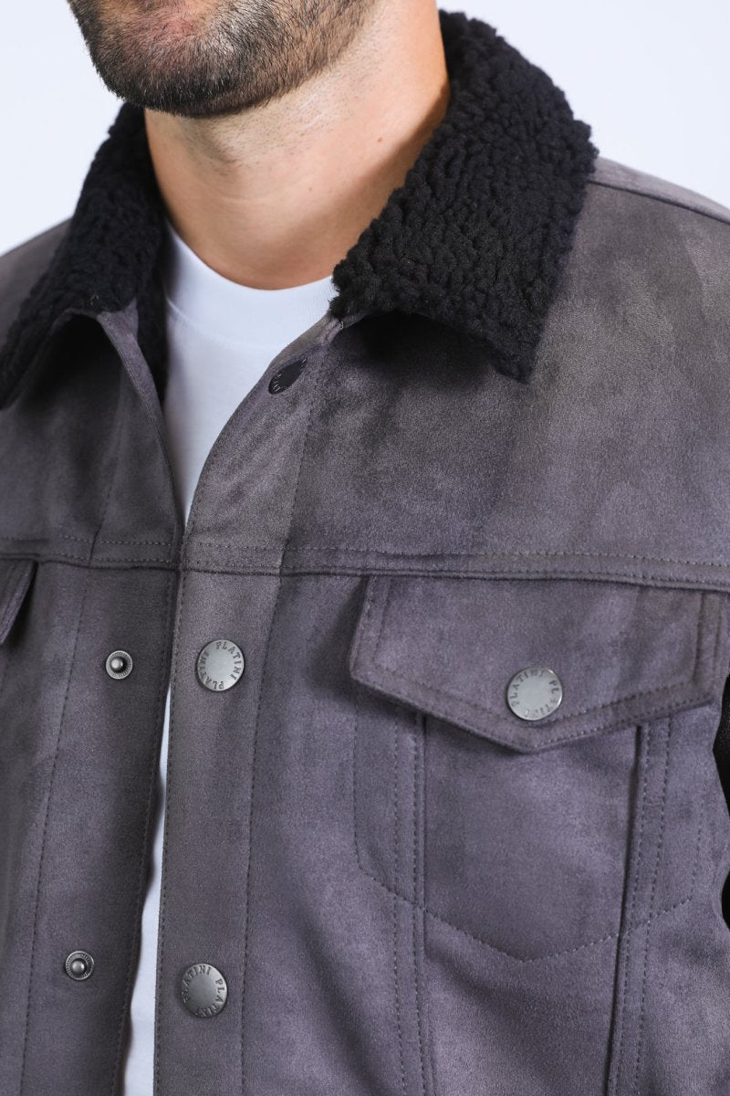 Mens Sherpa Lined Faux Suede Jacket - Charcoal - Platini Fashion