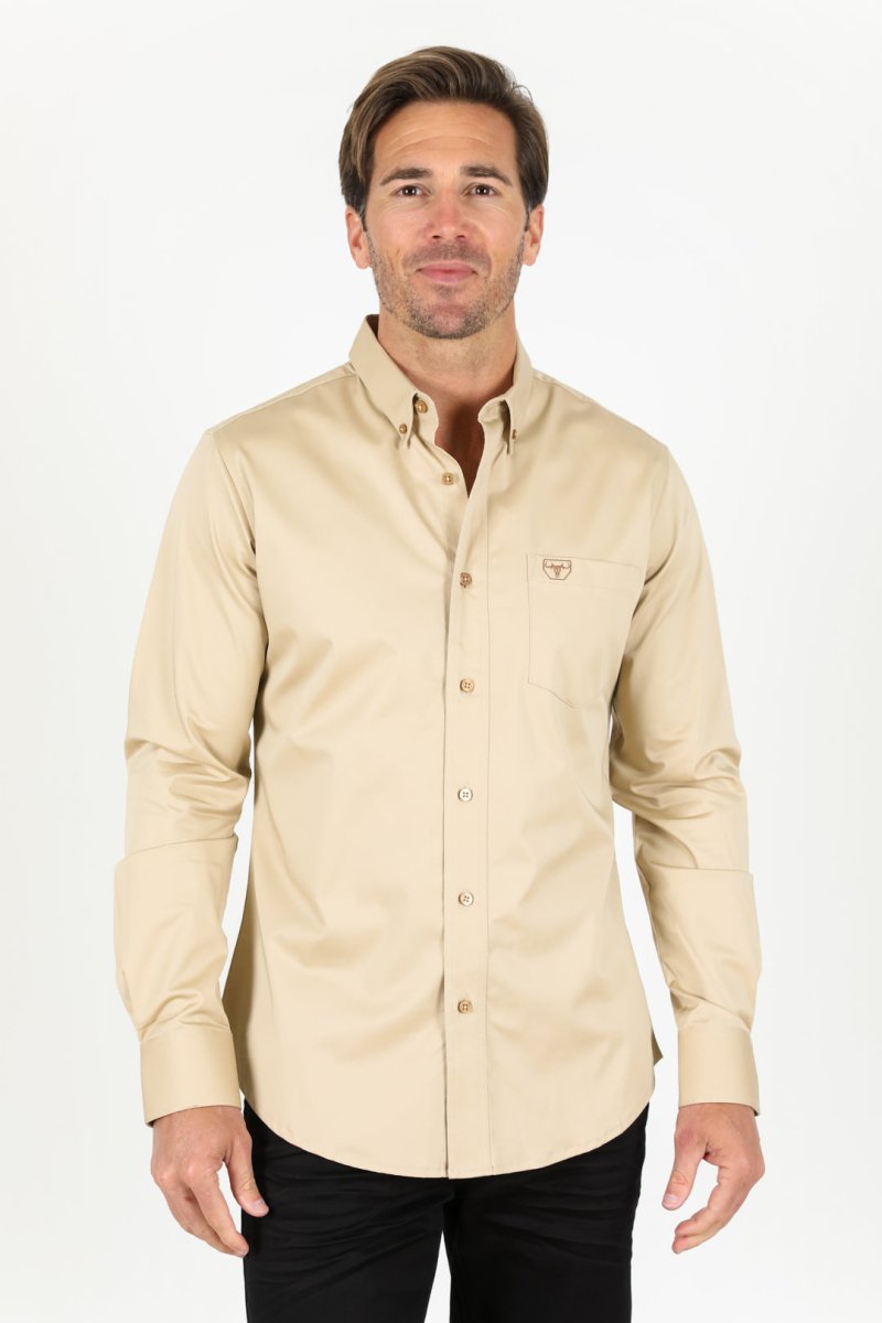 Men’s Single Pocket Logo Modern Fit Stretch Dress Shirt - Beige - Platini Fashion