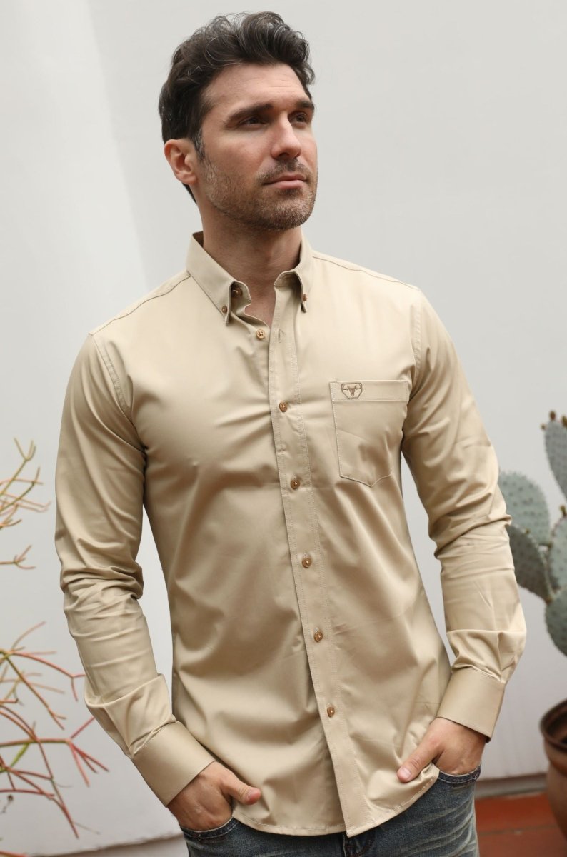 Men’s Single Pocket Logo Modern Fit Stretch Dress Shirt - Beige - Platini Fashion