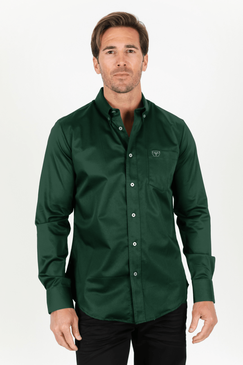Men’s Single Pocket Logo Modern Fit Stretch Dress Shirt - Green - Platini Fashion