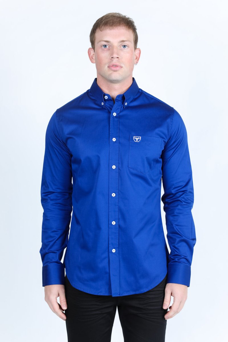 Men’s Single Pocket Logo Modern Fit Stretch Dress Shirt - Royal Blue - Platini Fashion