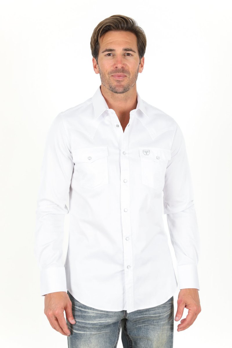 Men’s Single Pocket Logo Modern Fit Stretch Dress Shirt - White - Platini Fashion