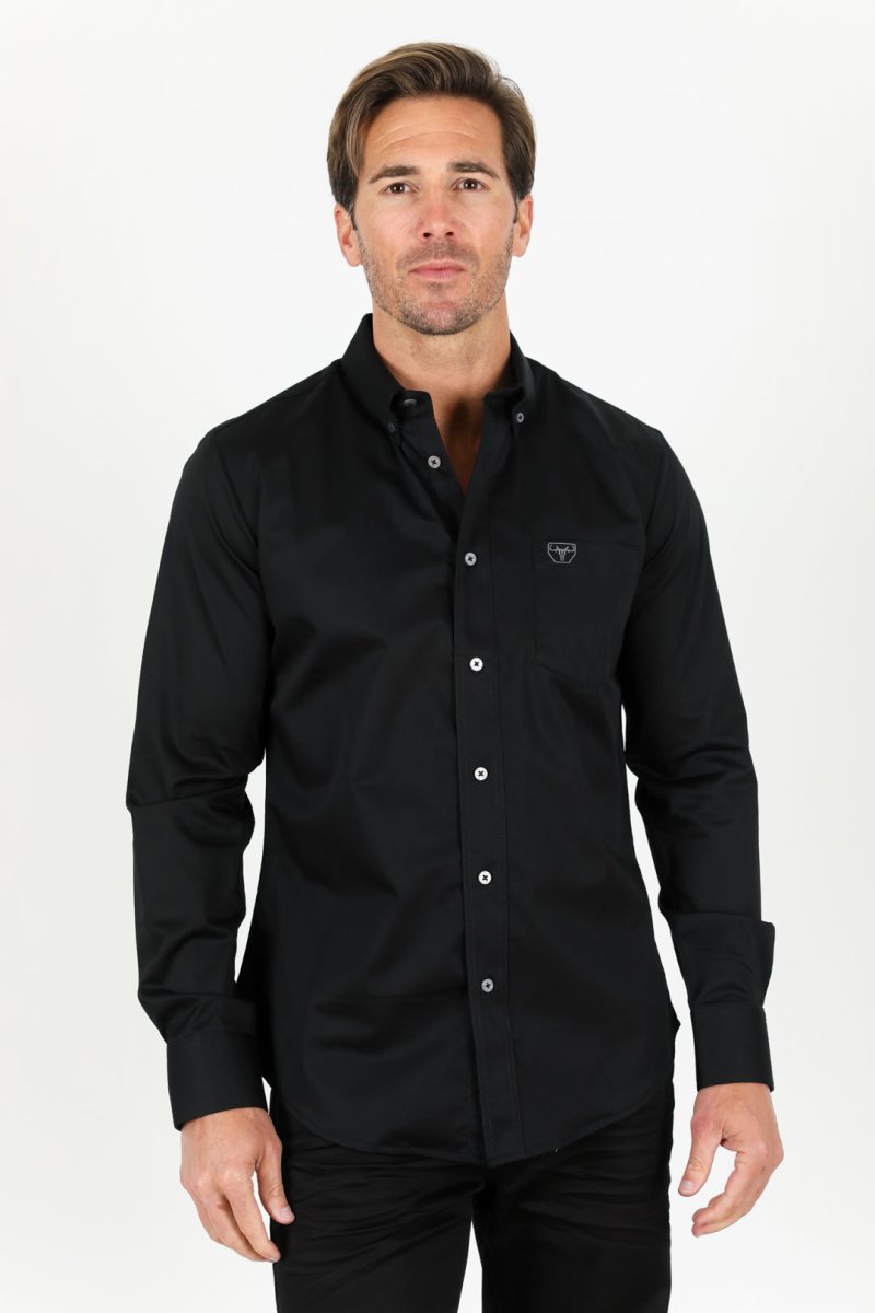 Men’s Single Pocket Logo Modern Fit Stretch Dress Shirt - Platini Fashion