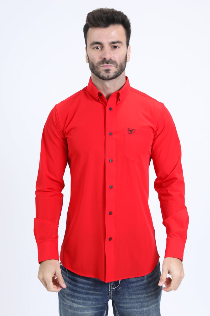 Men’s Single Pocket Logo Modern Fit Stretch Dress Shirt - Platini Fashion