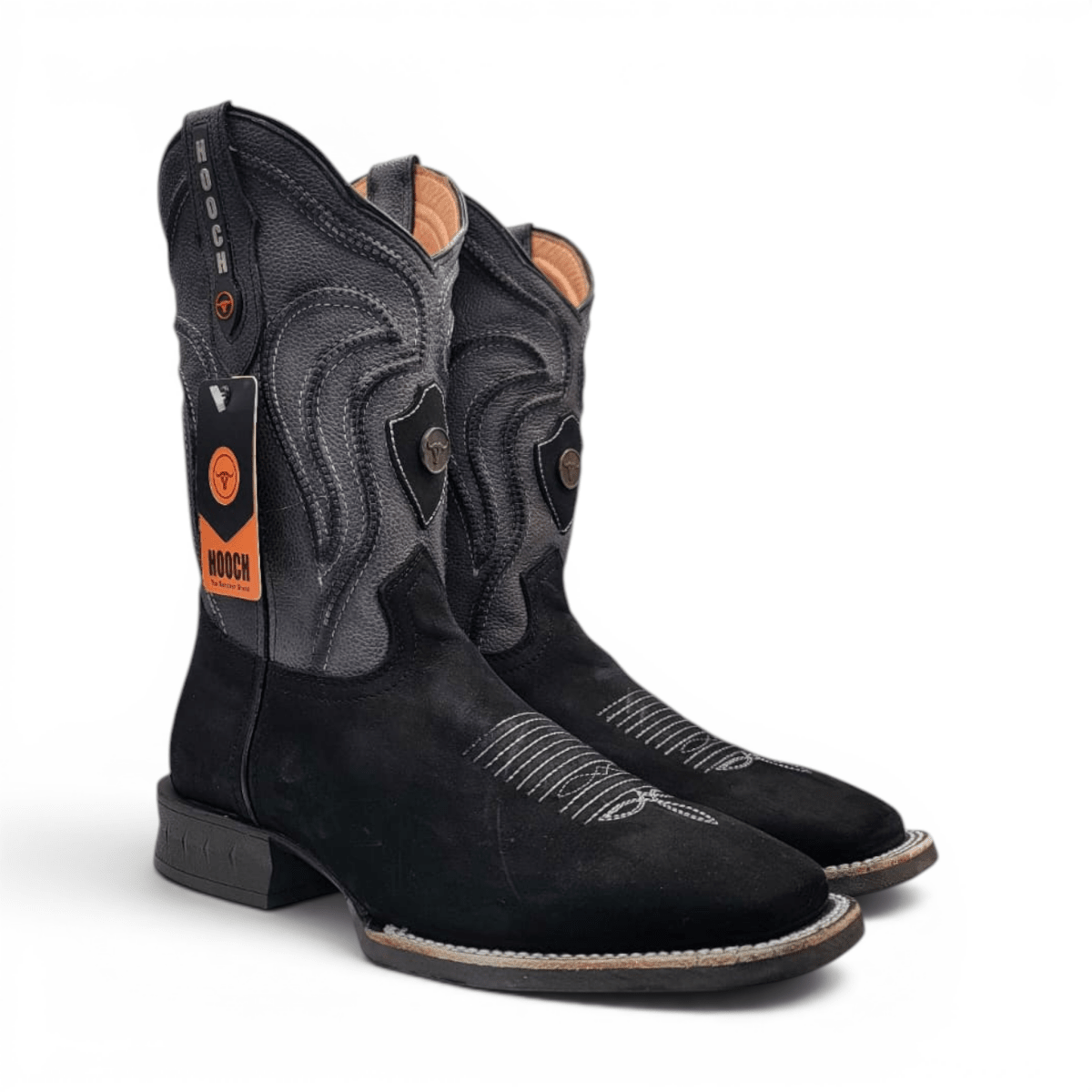 Mens Square Toe Boot Black Nobuck Leather – Rubber Sole Western Boot - Hooch Boots