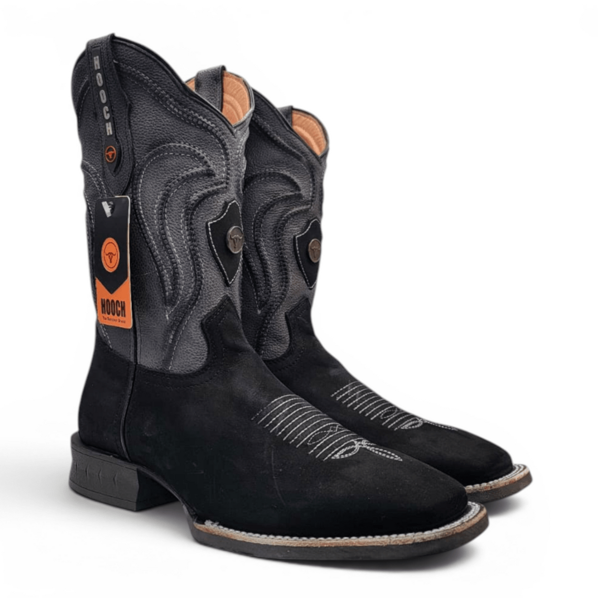 Mens Square Toe Boot Black Nobuck Leather – Rubber Sole Western Boot - Hooch Boots