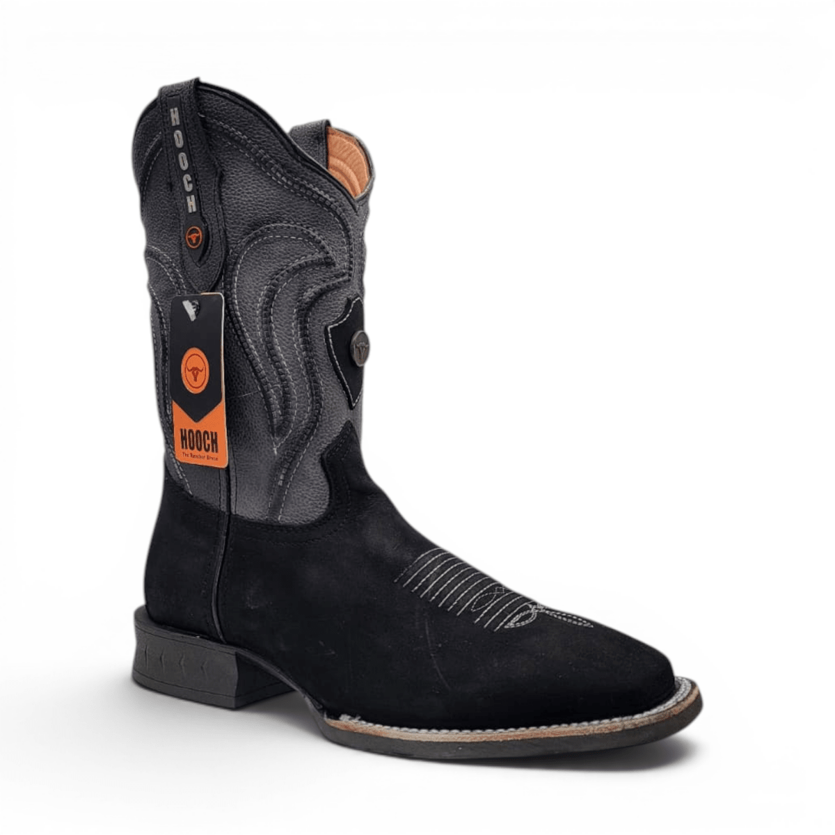 Mens Square Toe Boot Black Nobuck Leather – Rubber Sole Western Boot - Hooch Boots