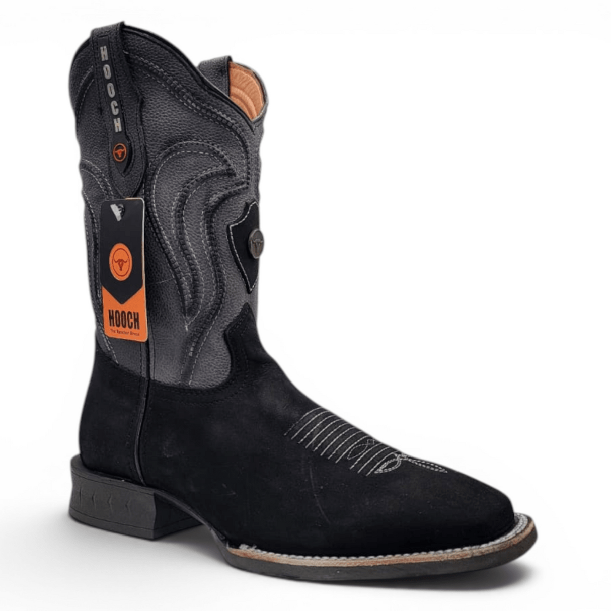 Mens Square Toe Boot Black Nobuck Leather – Rubber Sole Western Boot - Hooch Boots