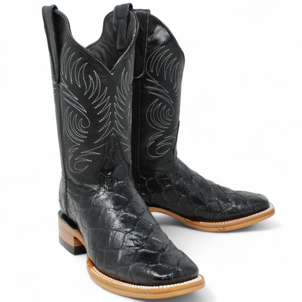 Men's White Diamonds Monster Fish Print Square Toe Boots - Black - White Diamonds Boots