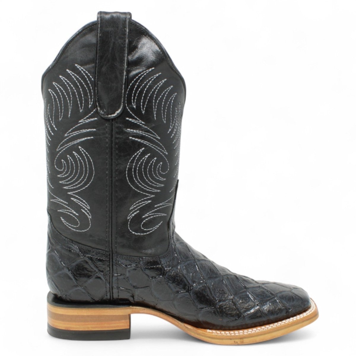 Men's White Diamonds Monster Fish Print Square Toe Boots - Black - White Diamonds Boots