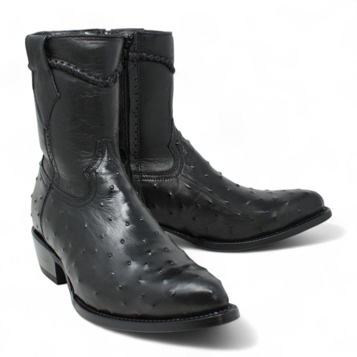 Men's White Diamonds Ostrich Print J - Toe Short Boots w/Zipper - Black - White Diamonds Boots