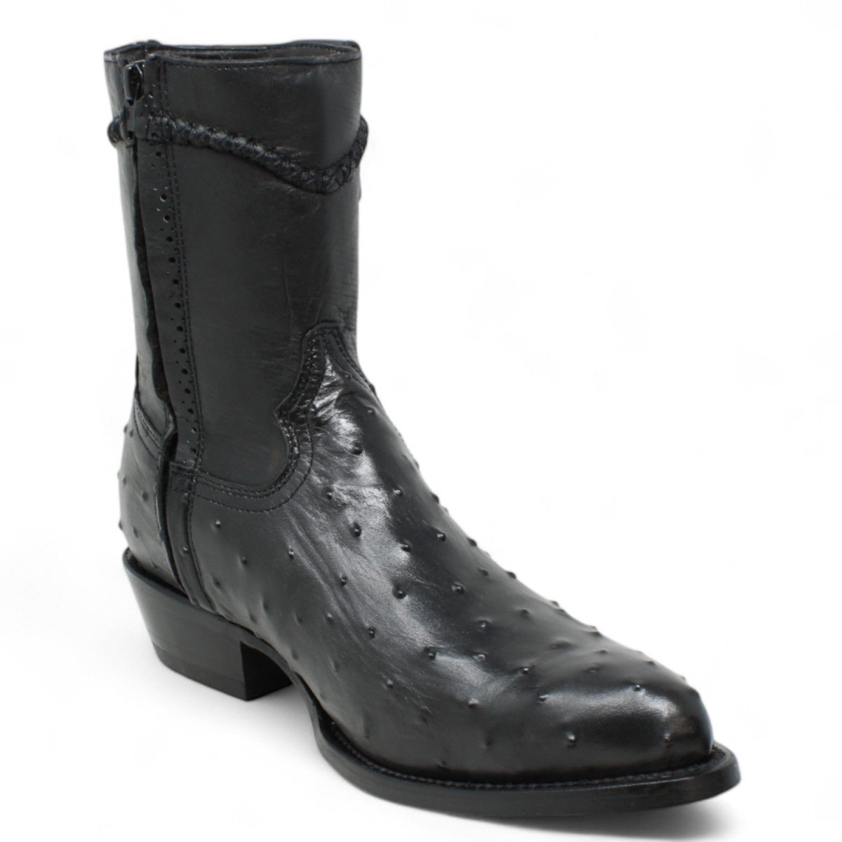 Men's White Diamonds Ostrich Print J - Toe Short Boots w/Zipper - Black - White Diamonds Boots