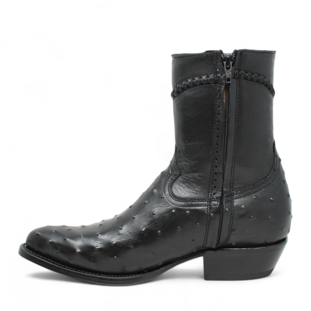 Men's White Diamonds Ostrich Print J - Toe Short Boots w/Zipper - Black - White Diamonds Boots