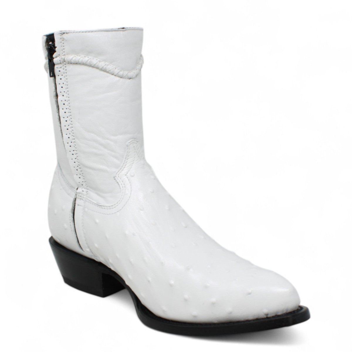 Men's White Diamonds Ostrich Print J - Toe Short Boots w/Zipper - White - White Diamonds Boots