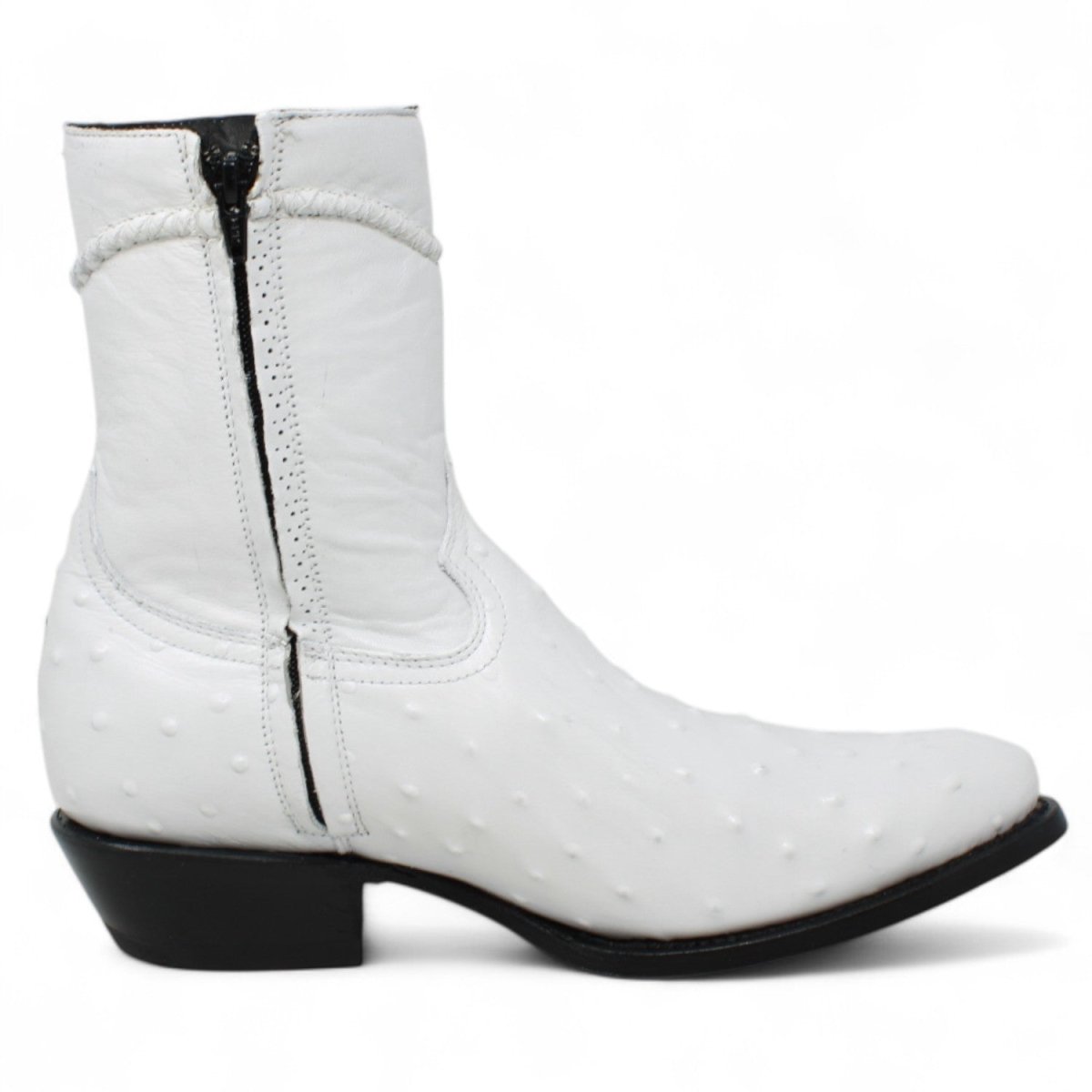 Men's White Diamonds Ostrich Print J - Toe Short Boots w/Zipper - White - White Diamonds Boots